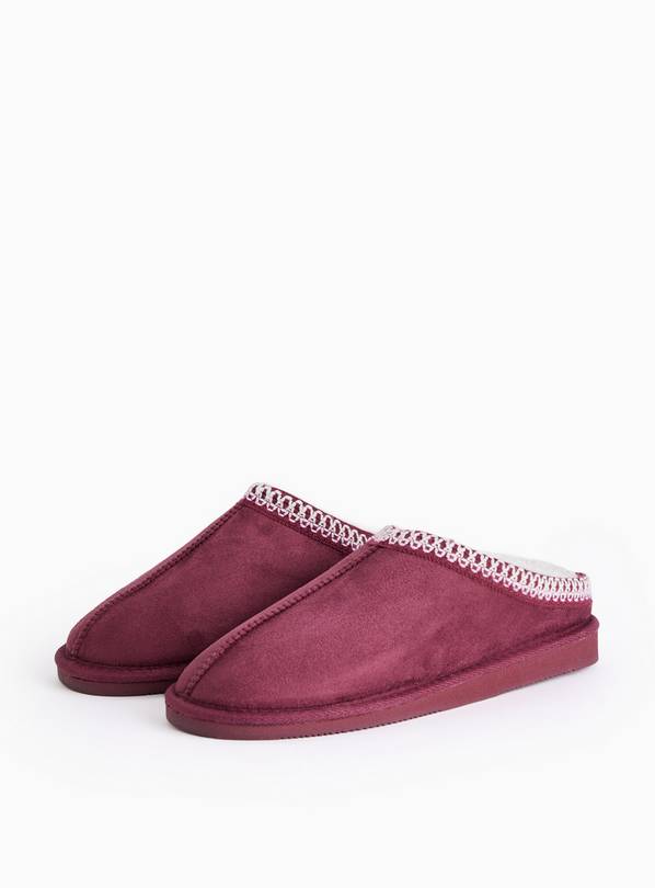 Burgundy Borg Lined Stitch Detail Mule Slippers S